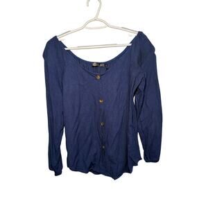 Potters Pot blue linen button peasant top womens small coquette milkmaid prairie